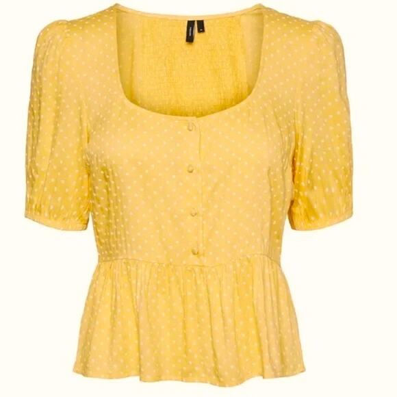 Vero Moda Boho Smocked Button Front Polka Dot Top Sz XL/Extra Large Yellow NWT - Picture 1 of 7